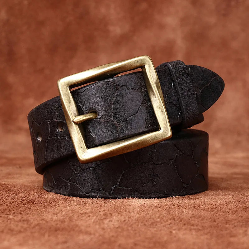 Men's full-grain leather belt hand-etched pattern solid brass buckle rugged brown everyday style