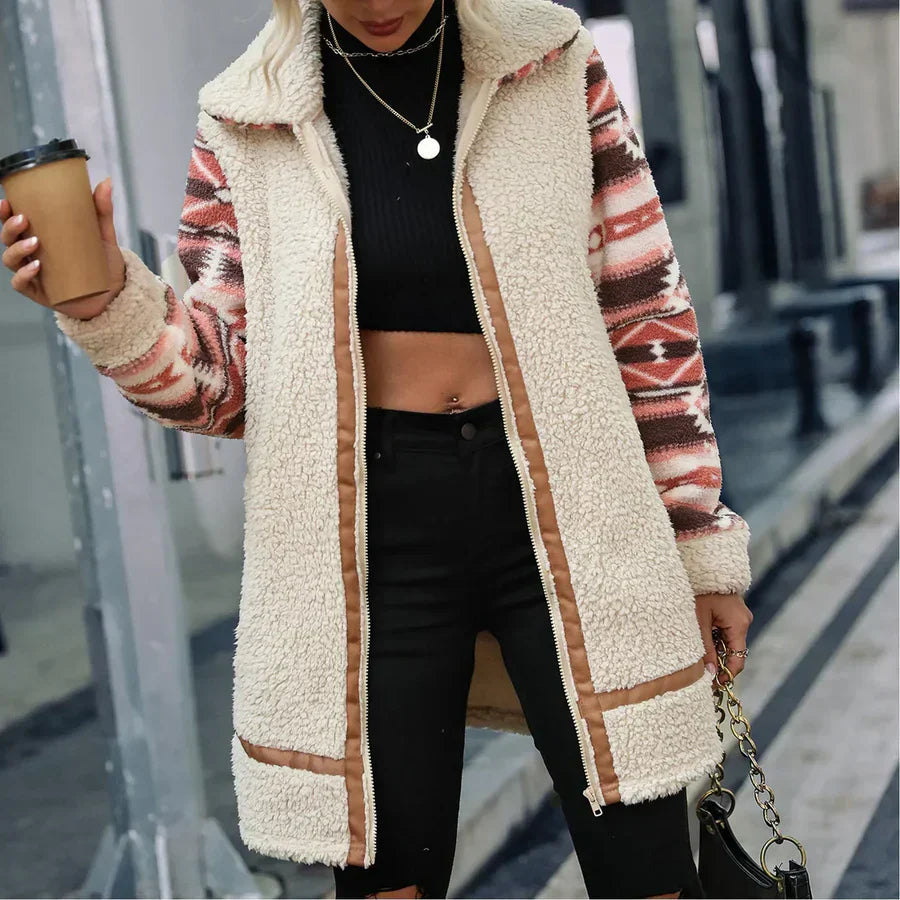 Women's luxurious fur coat warm earth-tone elegant casual winter wear refined silhouette insulation