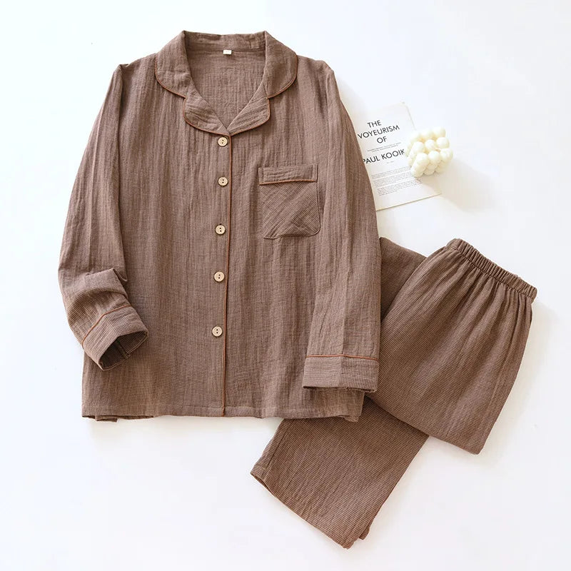 Women's cotton gauze pajama set, earthy plaid crease-textured oversized 2-piece lounge sleepwear