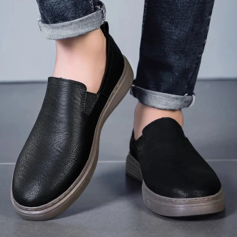 Vaughn black leather slip-on dress shoes with massage insole for all-day comfort