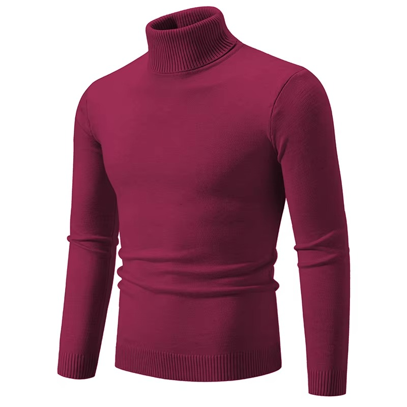 Men's slim fit turtleneck sweater in thick knit acrylic blend, warm winter essential with ribbed collar