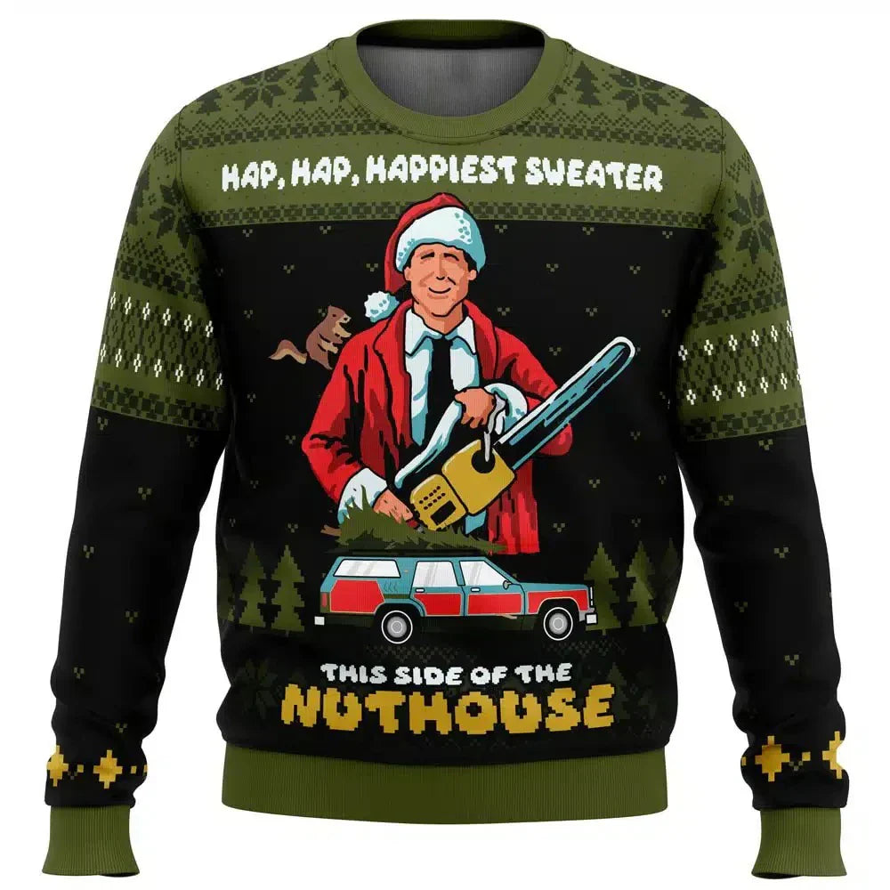 Men's red Christmas knit sweater with funny ski-themed holiday print, relaxed fit for winter gatherings