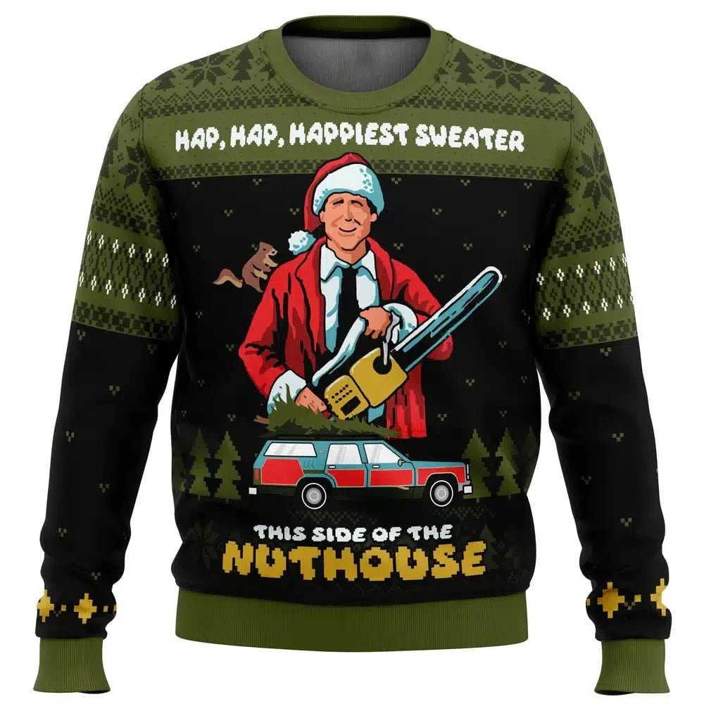 Men's relaxed-fit Christmas sweater with festive ski-themed print, cozy holiday knit for winter