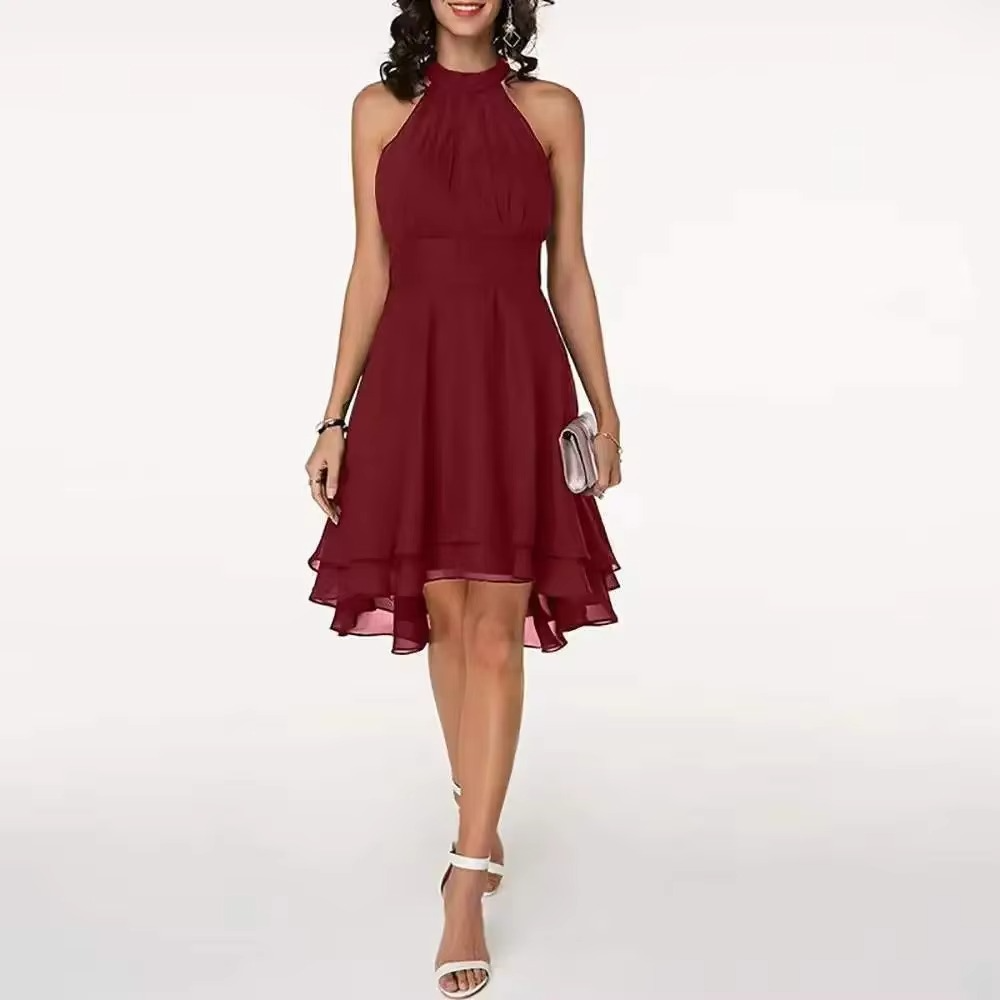 Women's sleeveless halter neck dress with ruffle hem, elegant chic silhouette for day to night wear