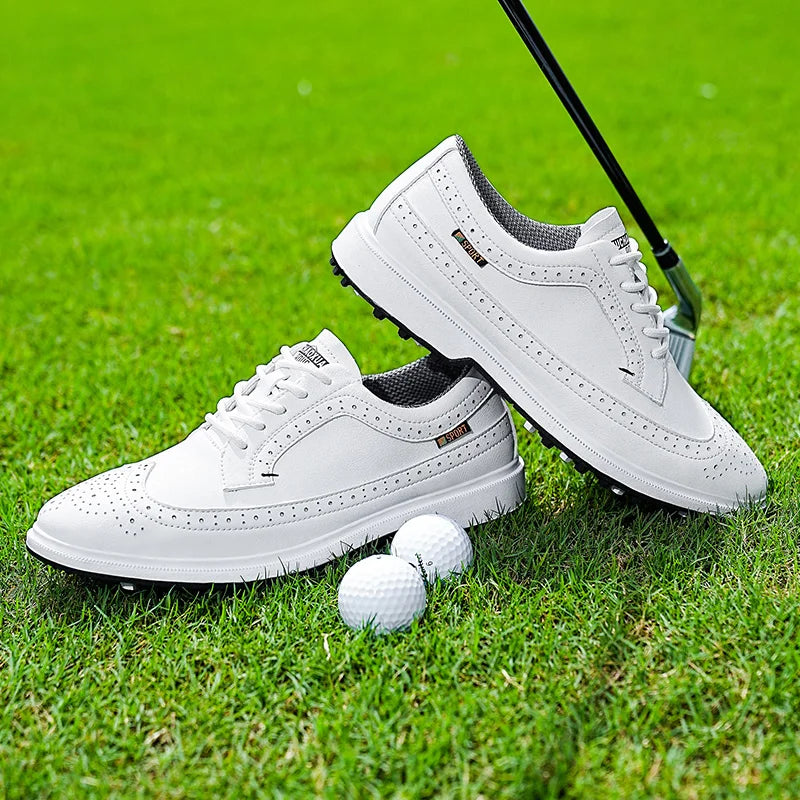 Men's white waterproof knit golf shoes with adaptive traction sole for all-day ProGrade comfort