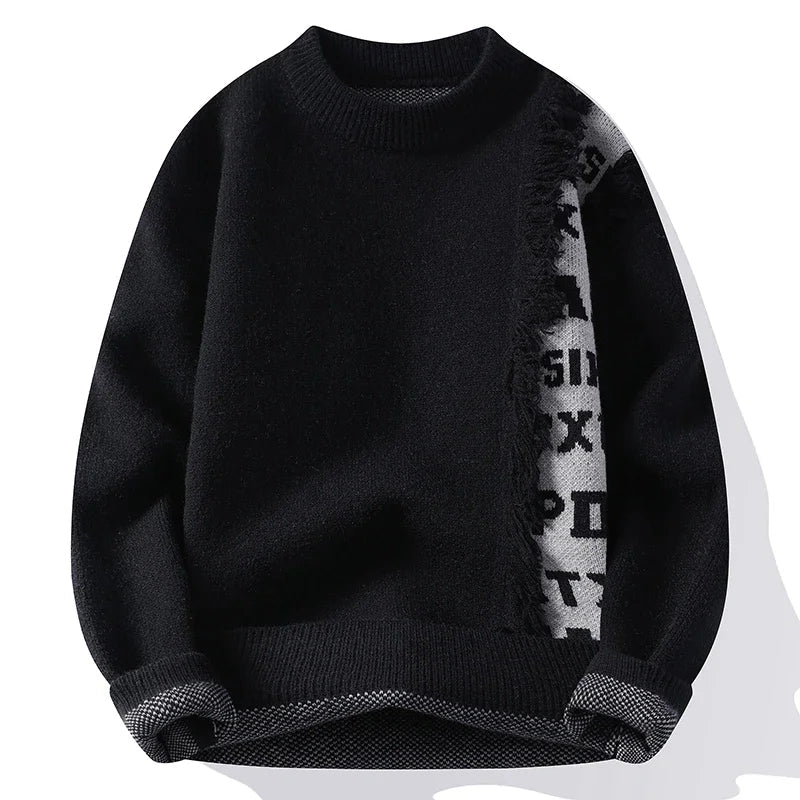 Women's fringe seam knit sweater with contrast color panel, structured crew neck, cozy textured fit