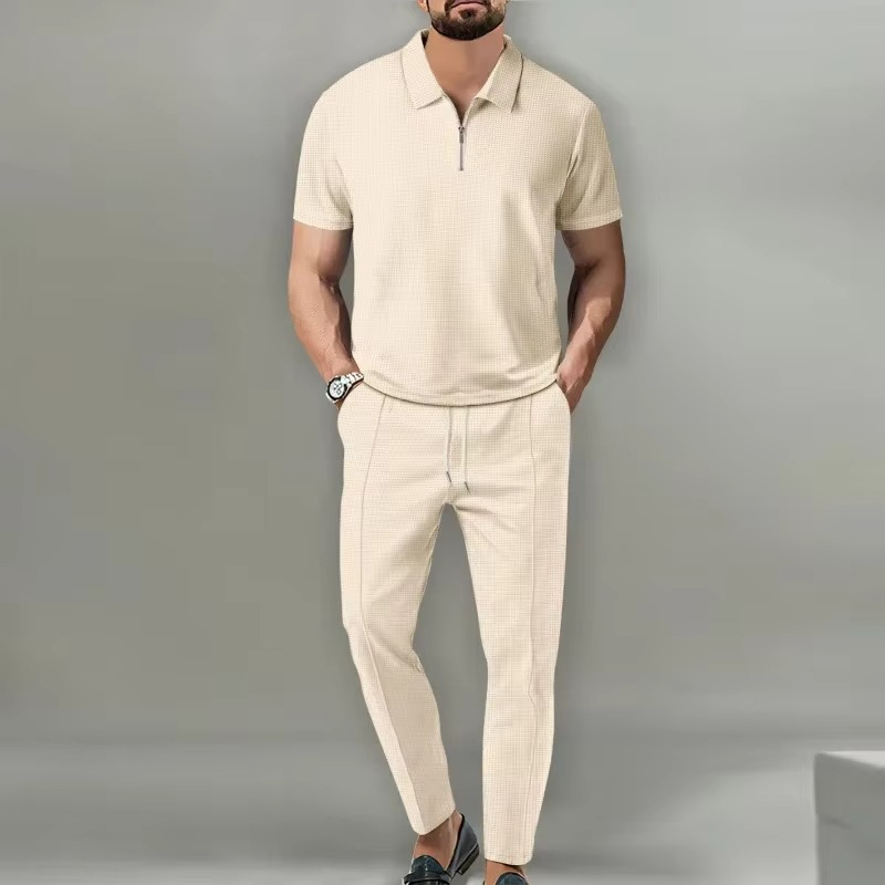 Men's 2-piece waffle knit polo zip collar top and drawstring pants matching set urban style