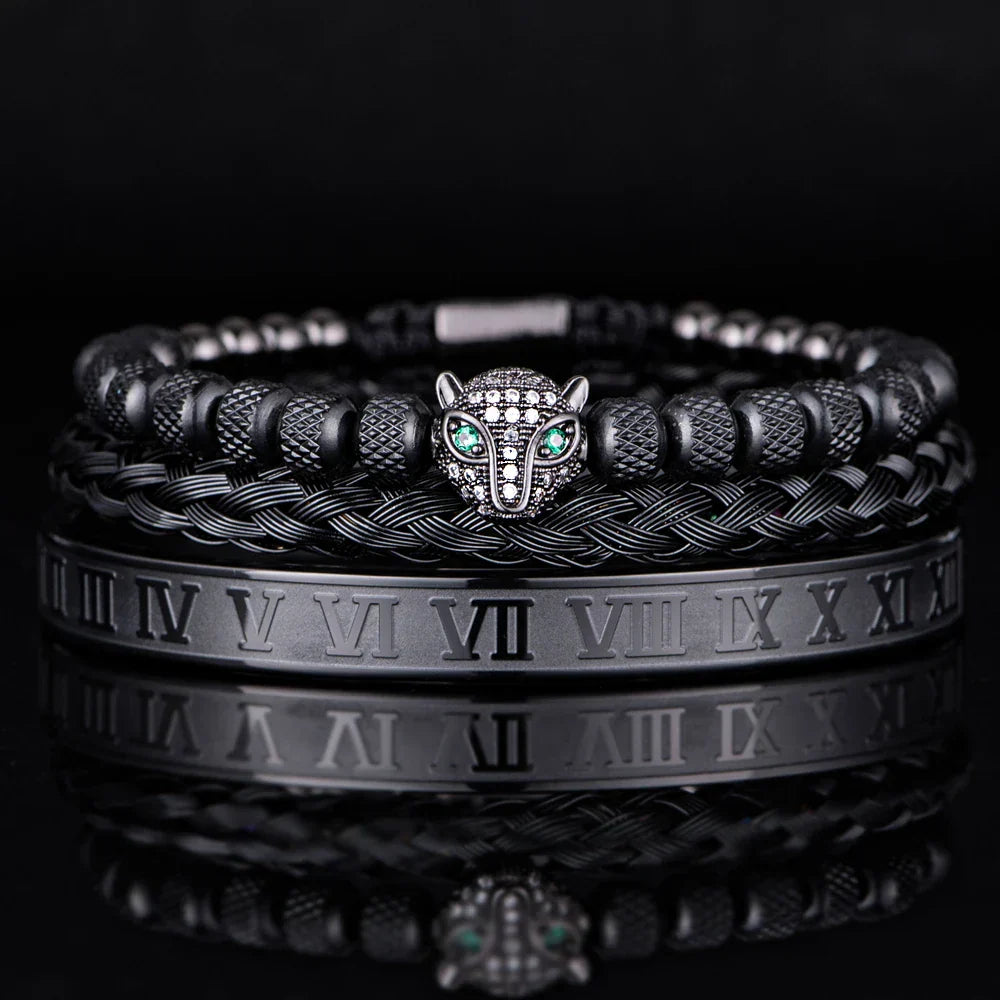 Women's crystal beaded panther charm bracelet set with braided cuff duo, bold statement jewelry