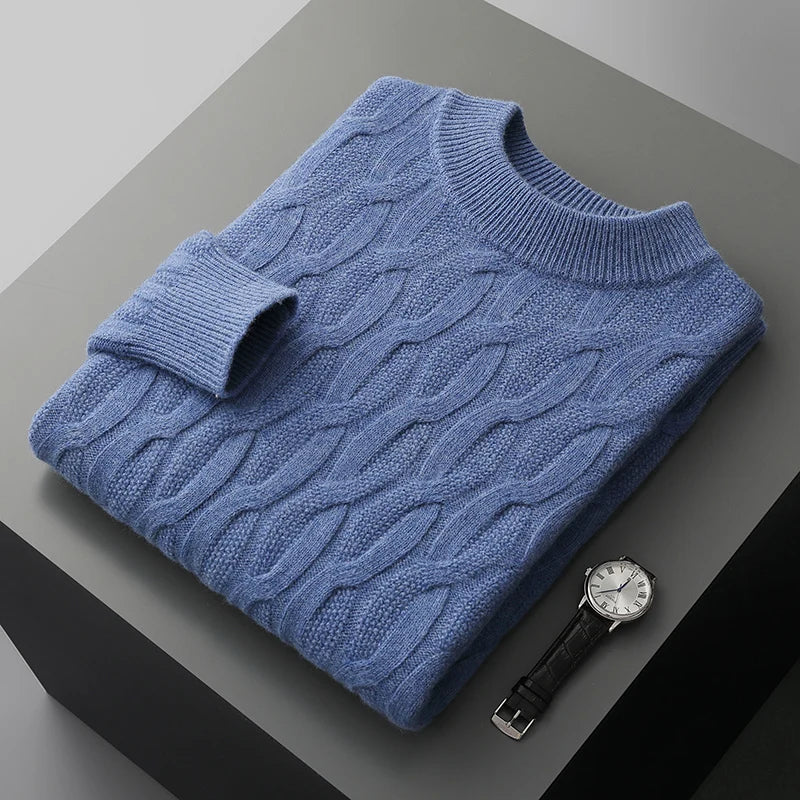 Men's beige cable knit mock neck sweater regular fit with textured pattern, cozy winter essential