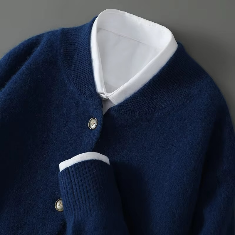 Men's mink cashmere cardigan sweater relaxed fit stand collar business casual luxurious warmth