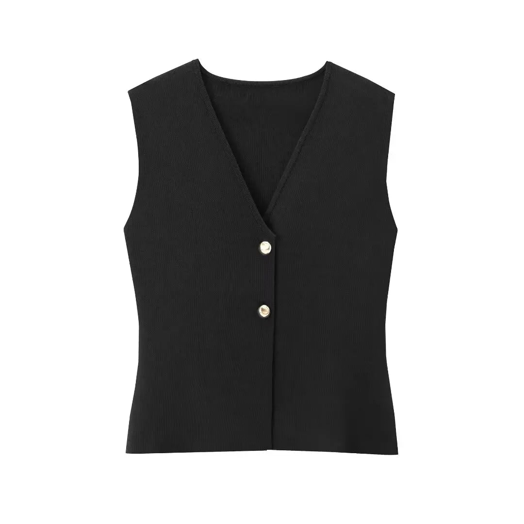 Women's sleeveless knitted vest top with button-front closure, chic layering style for everyday wear