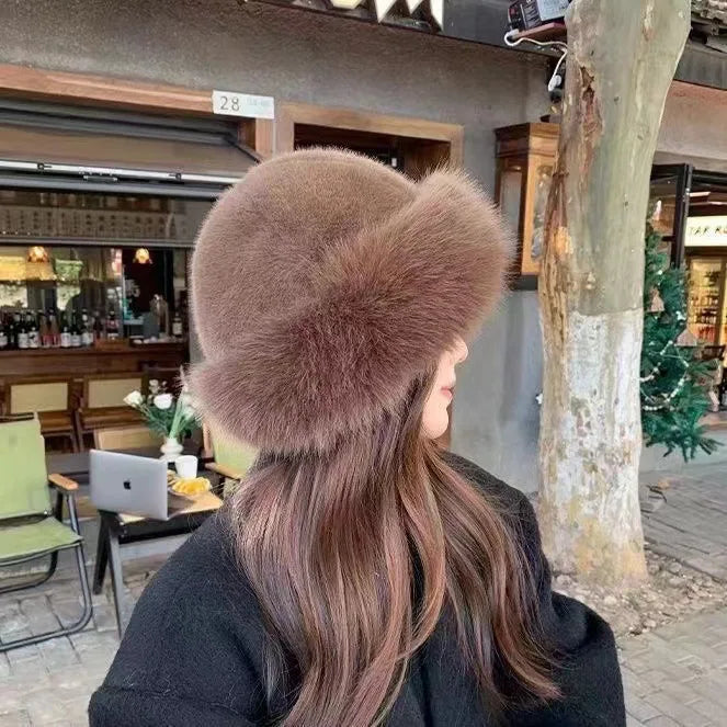 Women's furry bucket hat relaxed fit cozy winter style soft luxurious texture everyday chic warmth