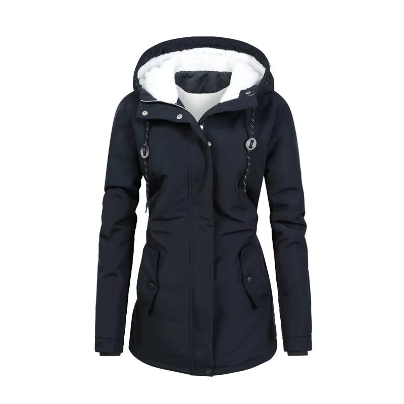 Women's retro mid-length winter parka, fleece-lined hooded design in cozy warm tones for cold weather