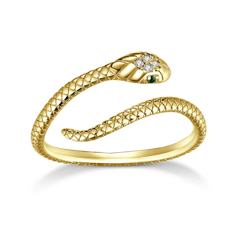 Sterling silver adjustable serpent ring platinum-plated with green zircon eye bold gothic statement jewelry