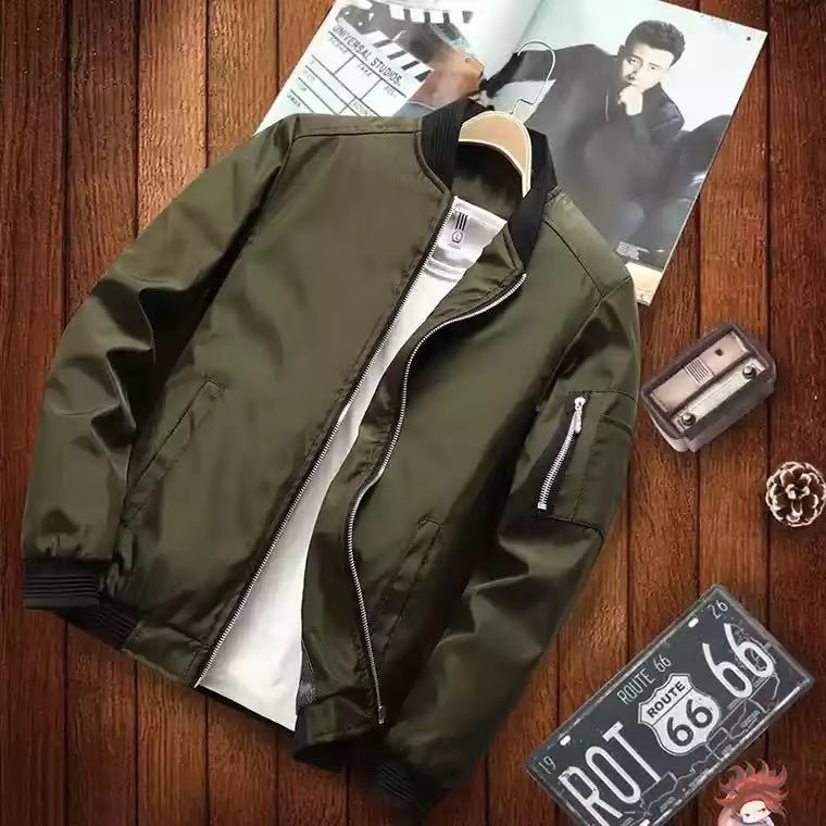 Men's lightweight burgundy bomber jacket windbreaker with zip pockets, casual slim fit all-season wear