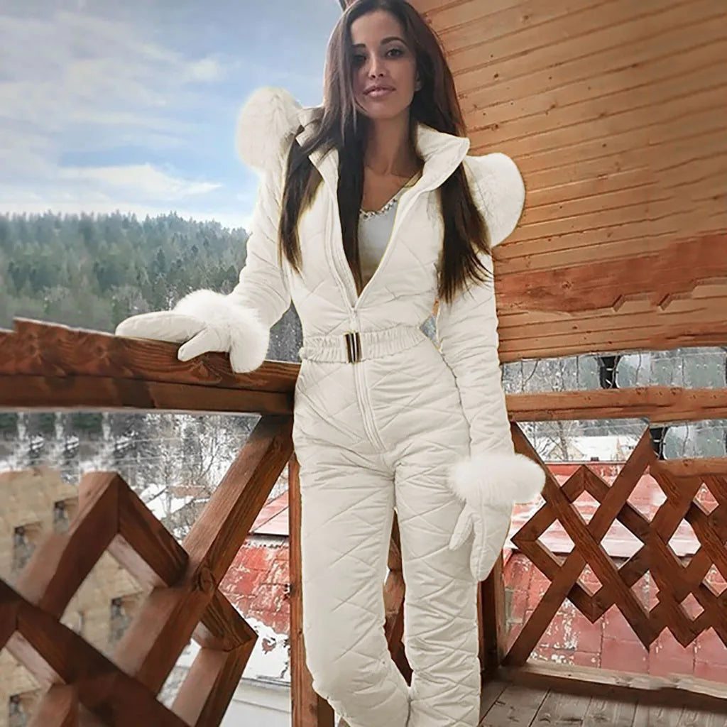Women's elegant winter jumpsuit in warm tones, slim-fit silhouette with cold-weather insulation