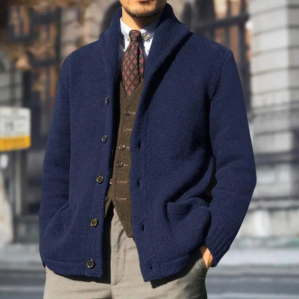 Men's shawl collar cardigan lightweight knit acrylic wool blend casual semi-formal everyday style