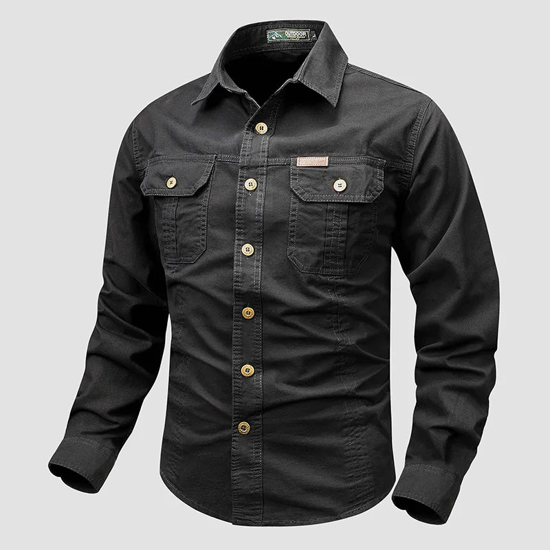 Men's olive green utility button-down shirt with rugged fabric and multi-pocket design for outdoor adventures