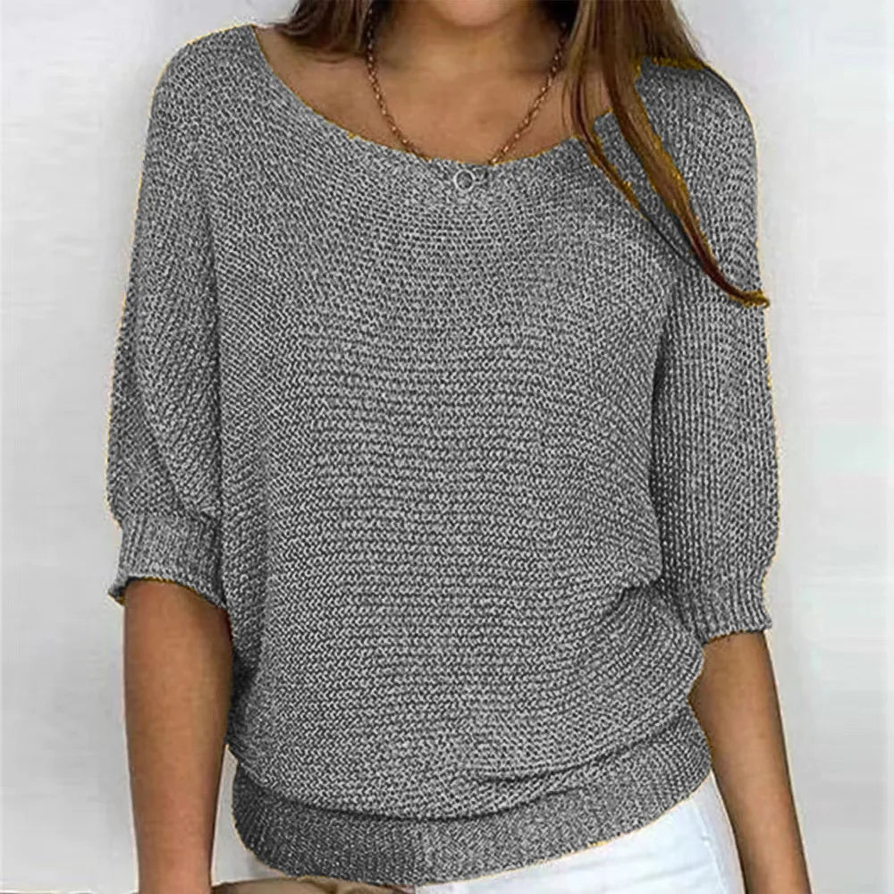 Women's loose fit round neck knit sweater three-quarter sleeves soft cozy everyday essential