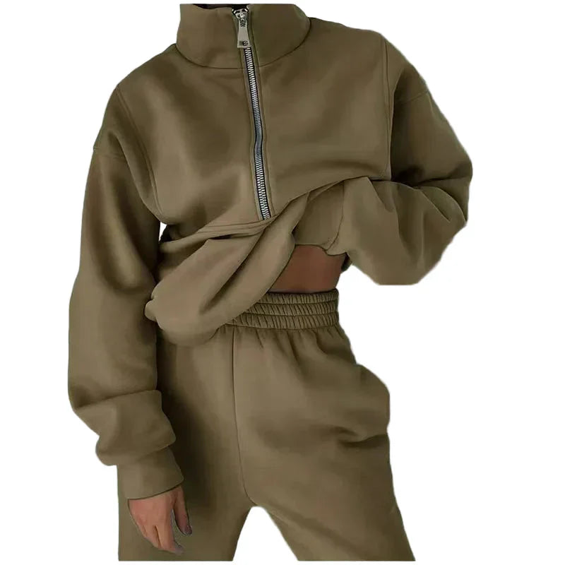 Women's two-piece tracksuit set stand-up collar zip loose casual athleisure sporty silhouette