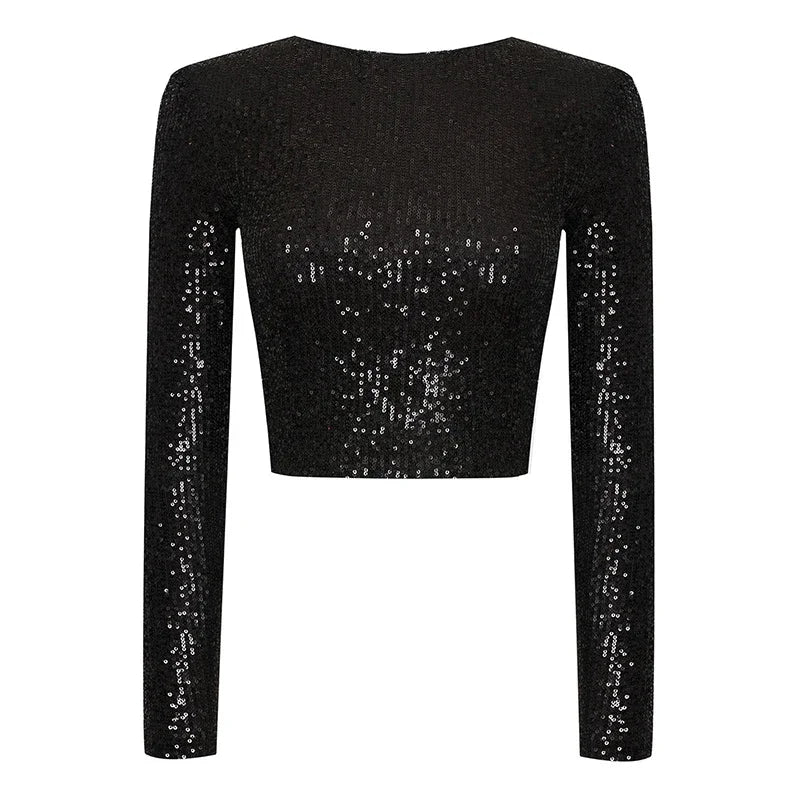 Women's sequined lace cropped top long sleeves round neckline sparkling eveningwear black silver beige
