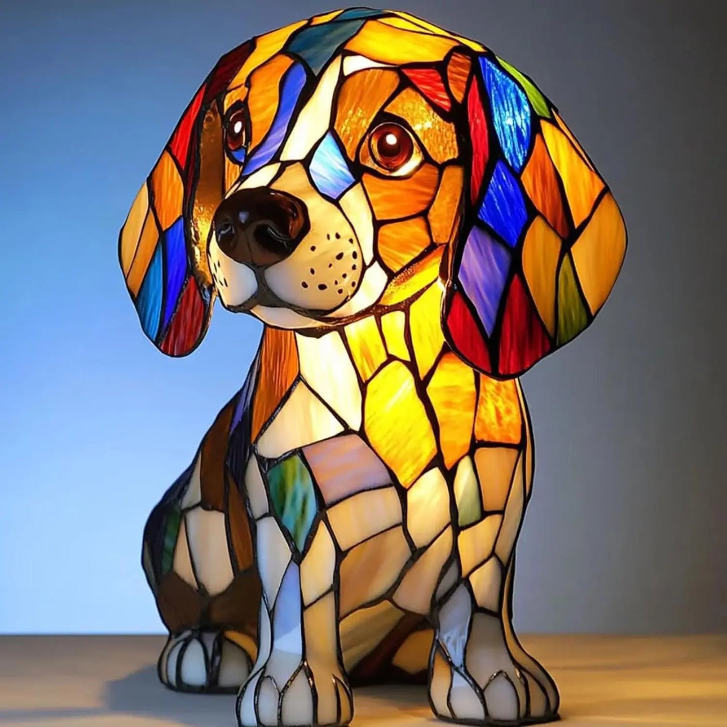 Art Nouveau stained glass cat dog lamp handcrafted multicolor vintage-inspired warm ambient glow sculpture