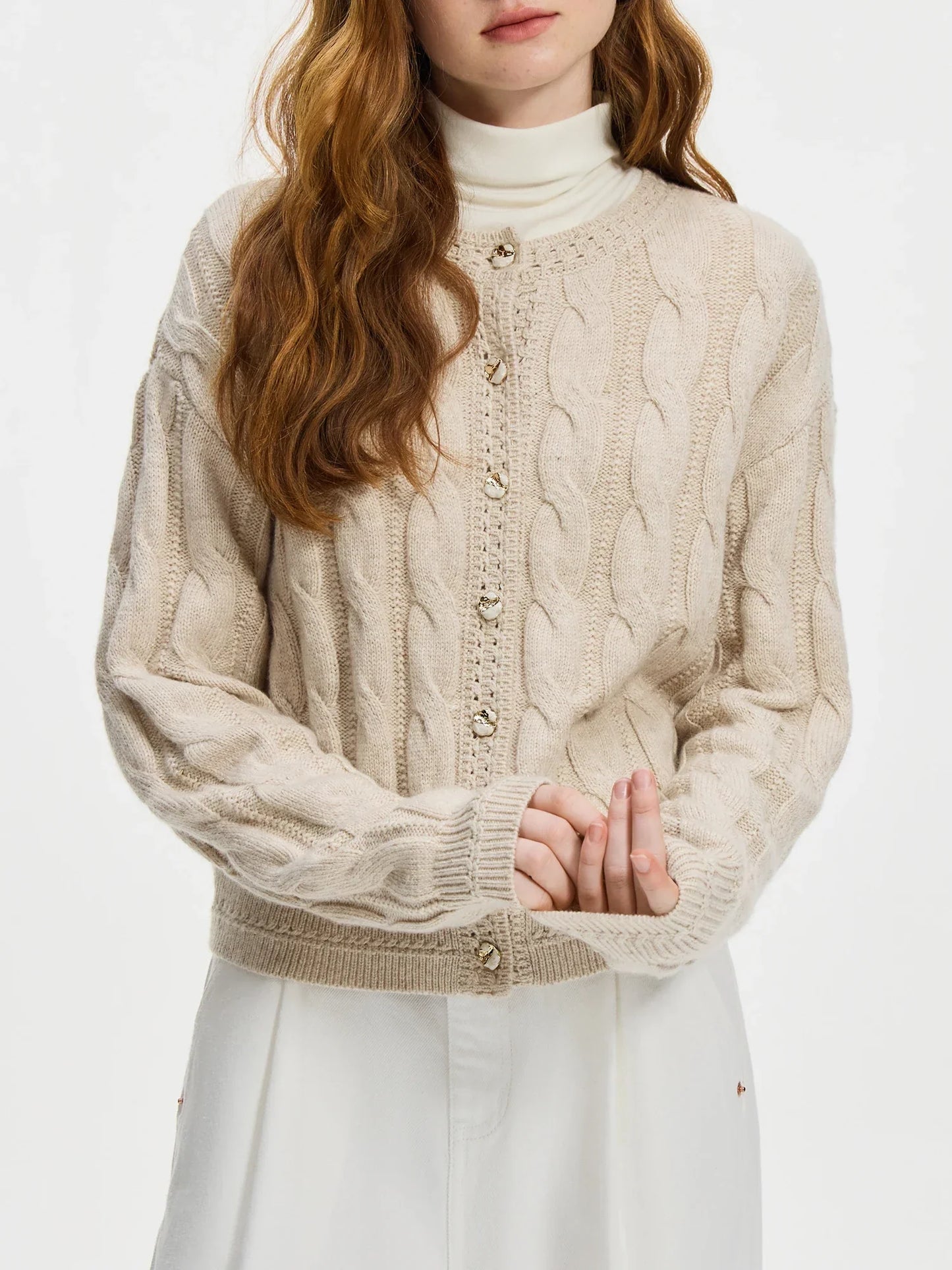 Women's cable knit cardigan sweater soft wool blend classic cut gold pearl buttons
