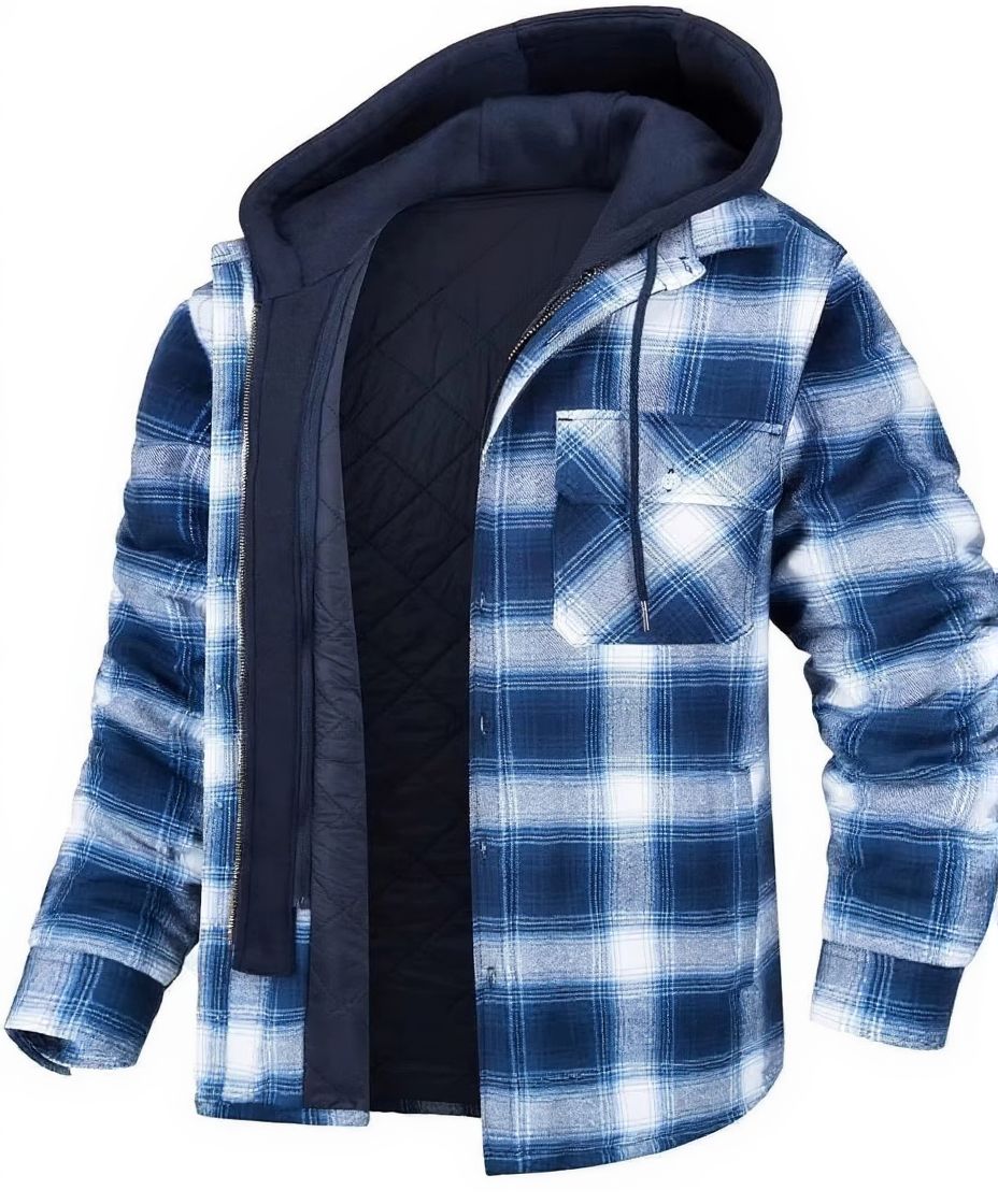 Men's thick insulated plaid hooded winter jacket warm outerwear with quilted lining for cold weather