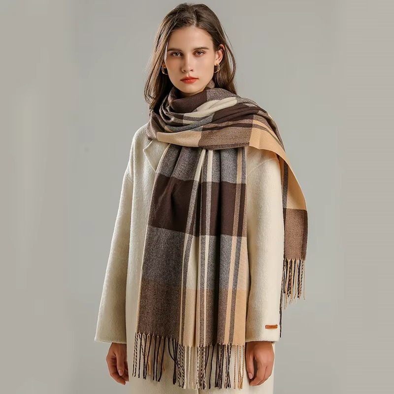 Women's plaid cashmere-blend winter scarf in neutral tones, thick woven pashmina with tassels