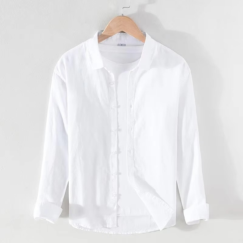 Men's vintage linen stand collar long sleeve shirt, breathable button-up in a clean modern silhouette