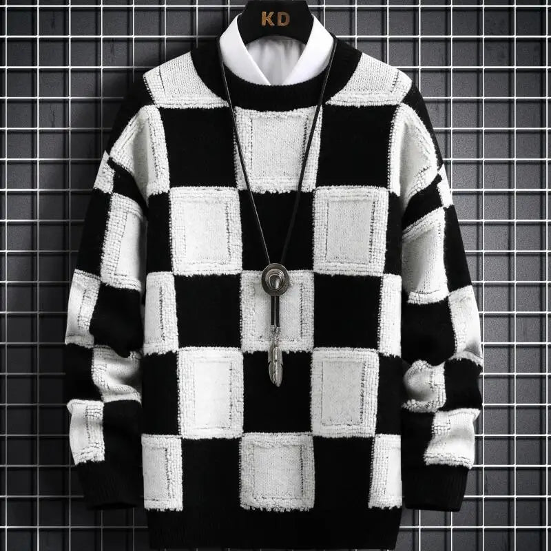 Unisex retro checkerboard knit sweater chunky thick texture cozy casual everyday wear bold pattern