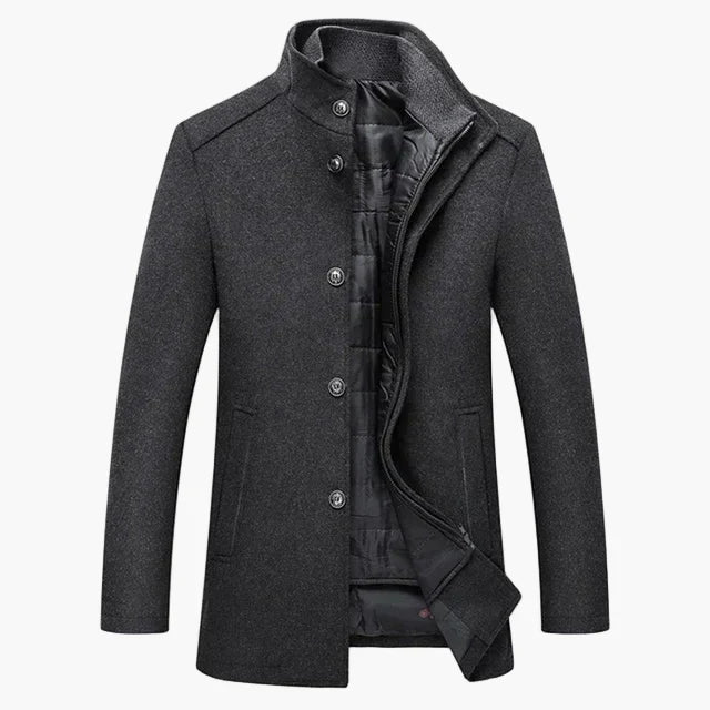 Men's classic black winter coat stand-up collar tailored business casual elegant silhouette