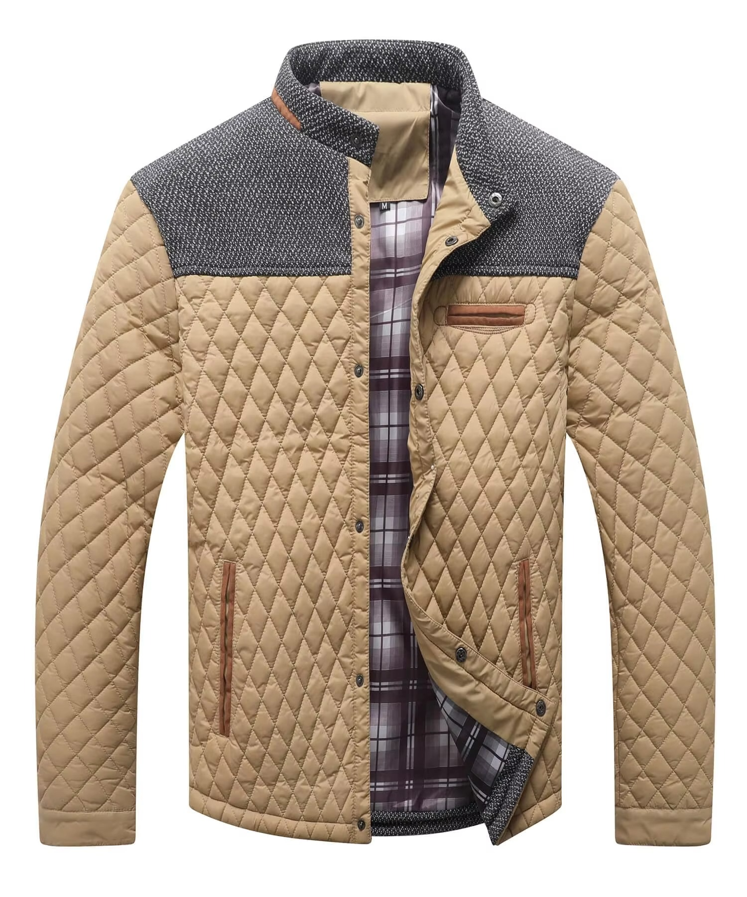 Men's lightweight bomber jacket navy diamond quilted with contrast grey yoke and front pockets