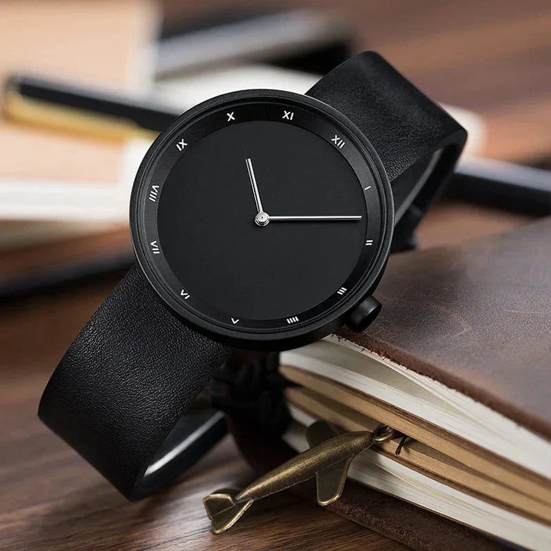 Men's minimalist leather wristwatch with Roman numeral dial, slim profile, timeless elegant design