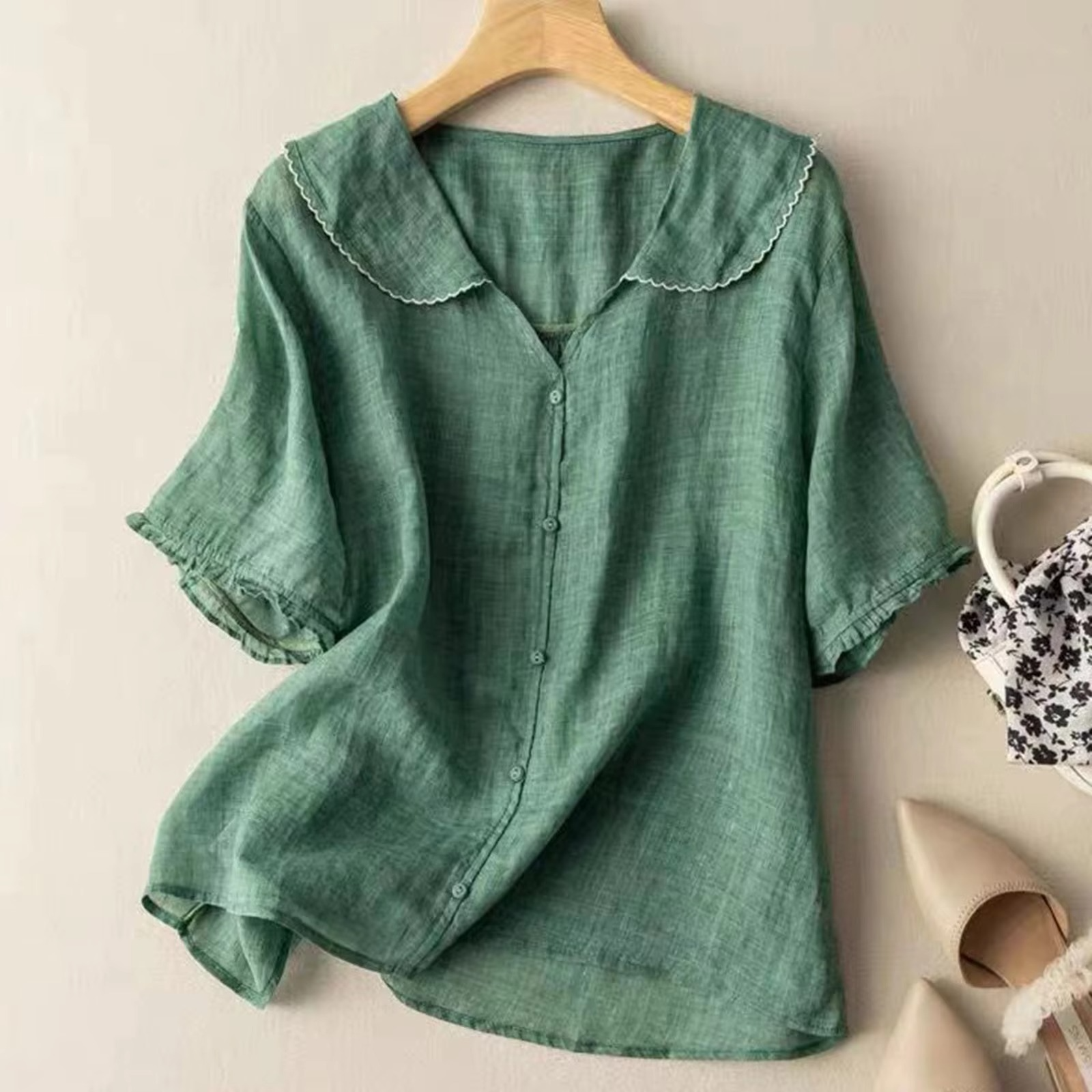 Women's relaxed cotton-linen long sleeve button-down shirt, breathable blend for effortless polished style