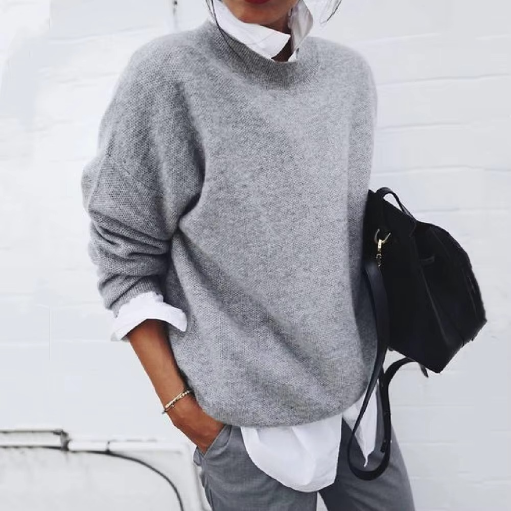 Women's knit pullover with shirt collar two-piece layered look, chic soft fabric everyday style