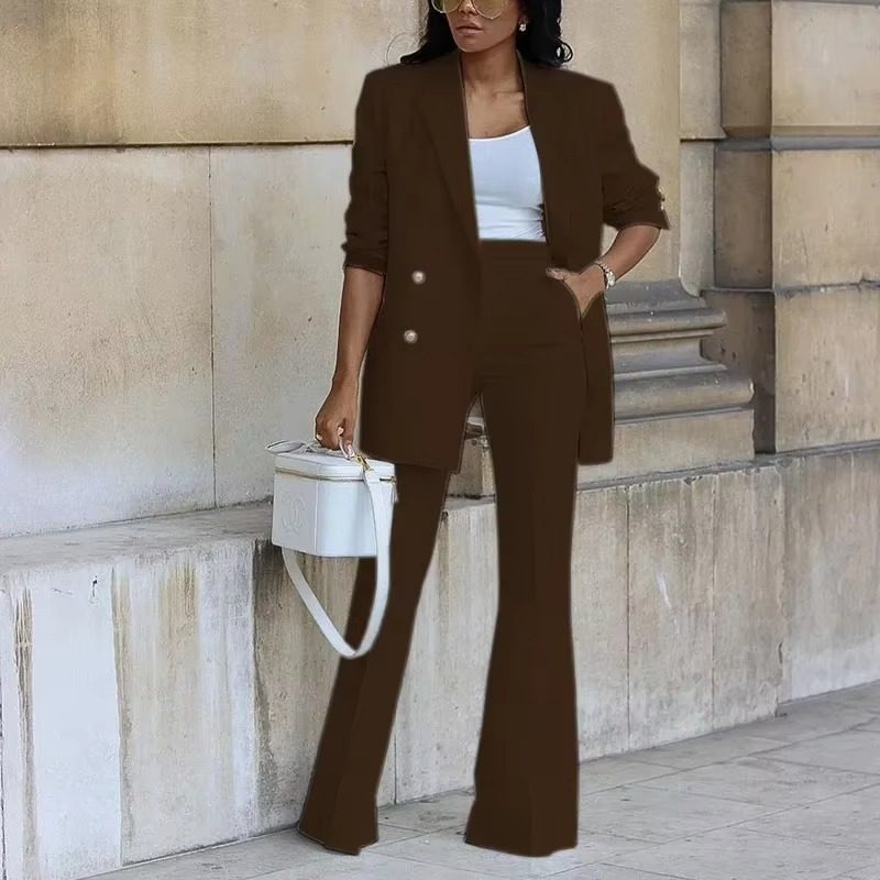 Women's elegant buttoned blazer and flared pants two-piece set versatile work-to-evening silhouette
