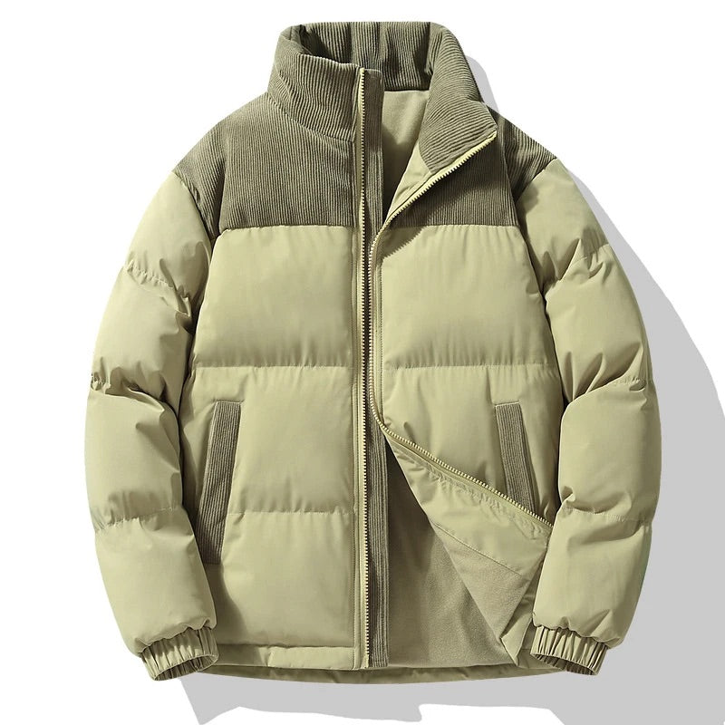 Men's quilted color block puffer jacket relaxed fit stand collar ribbed cuffs all-season warmth