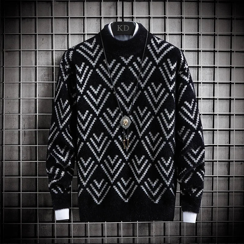 Cream chevron pattern knit sweater unisex crew neck mid-weight soft everyday essential