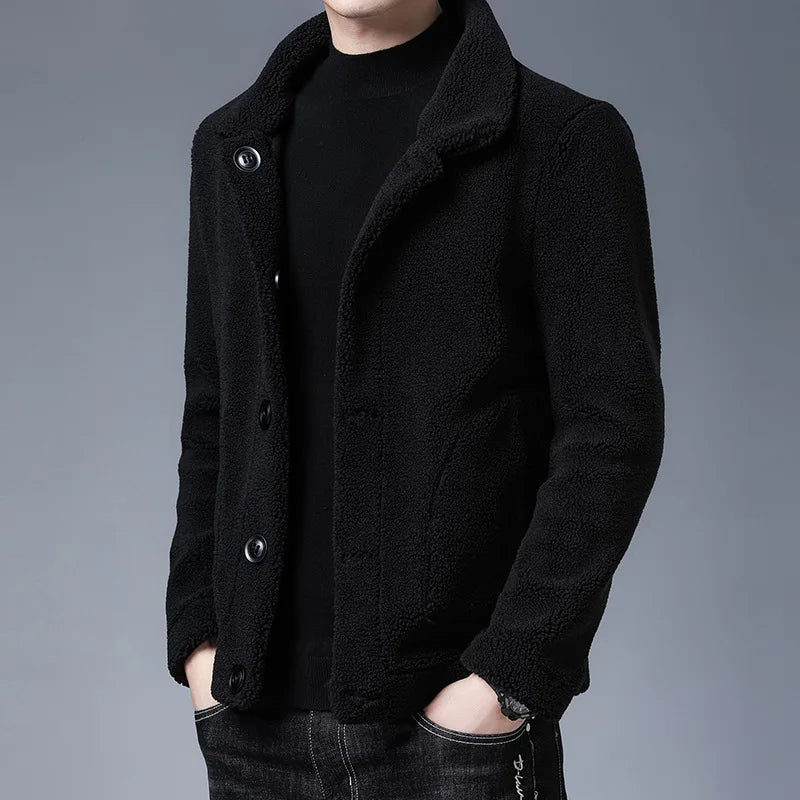 Men's cozy fleece jacket regular fit button-front collar with patch pockets casual winter wear