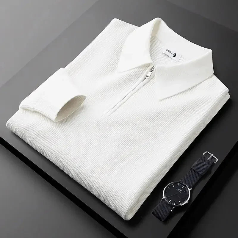 Men's beige waffle knit quarter-zip polo shirt with textured fabric and casual relaxed fit