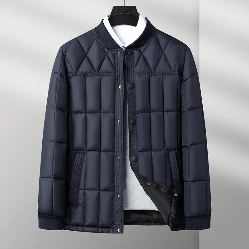 Men's black quilted bomber jacket regular fit ribbed collar button front winter outerwear