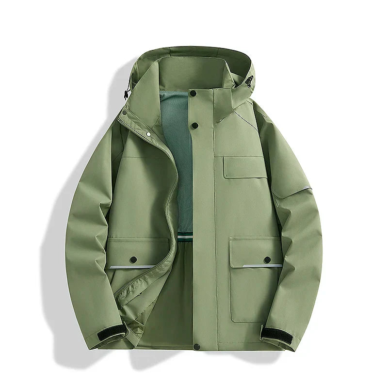 Men's navy hooded relaxed-fit performance jacket with secure zipper closure for outdoor activities