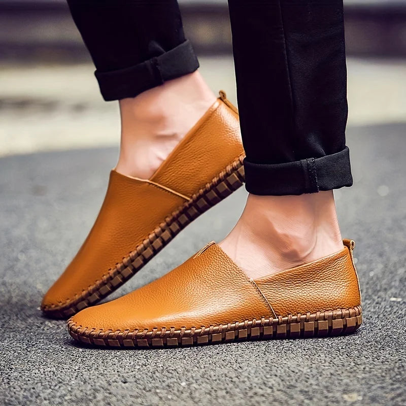 Men's brown genuine leather handcrafted loafers with timeless elegant silhouette for dressy occasions