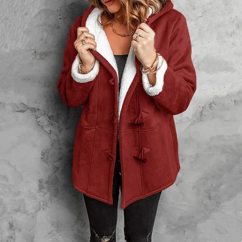 Hooded plush fleece-lined unisex winter coat with toggle closures for outdoor warmth