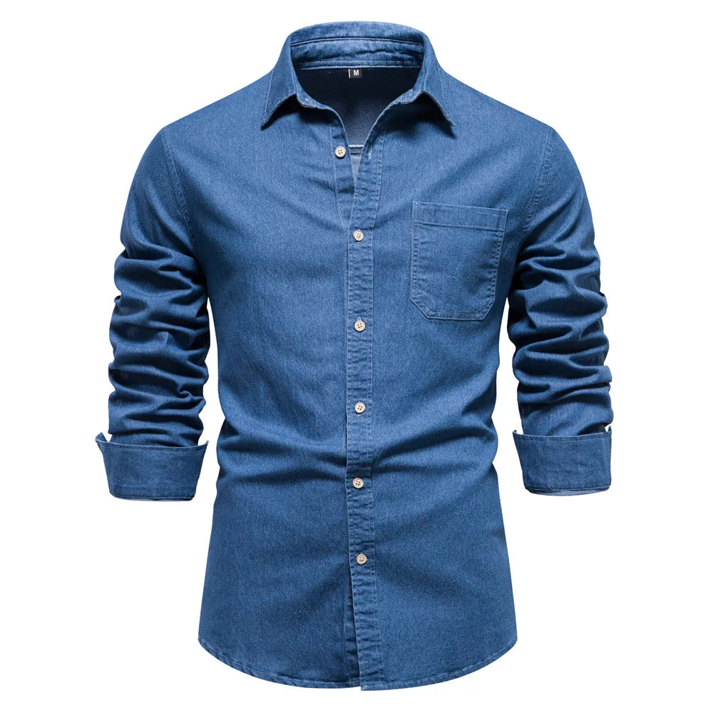 Hunter men's light blue denim button-up shirt slim fit casual smart style with modern refined silhouette