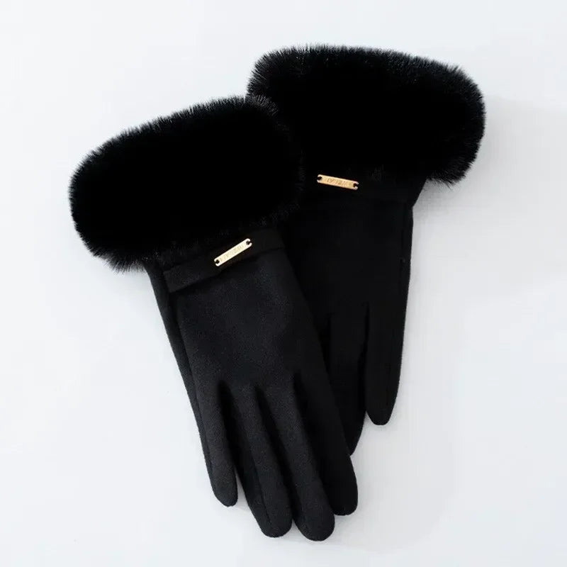 Women's fitted wrist-length gloves with plush fur cuff and subtle metallic accent for elegant style