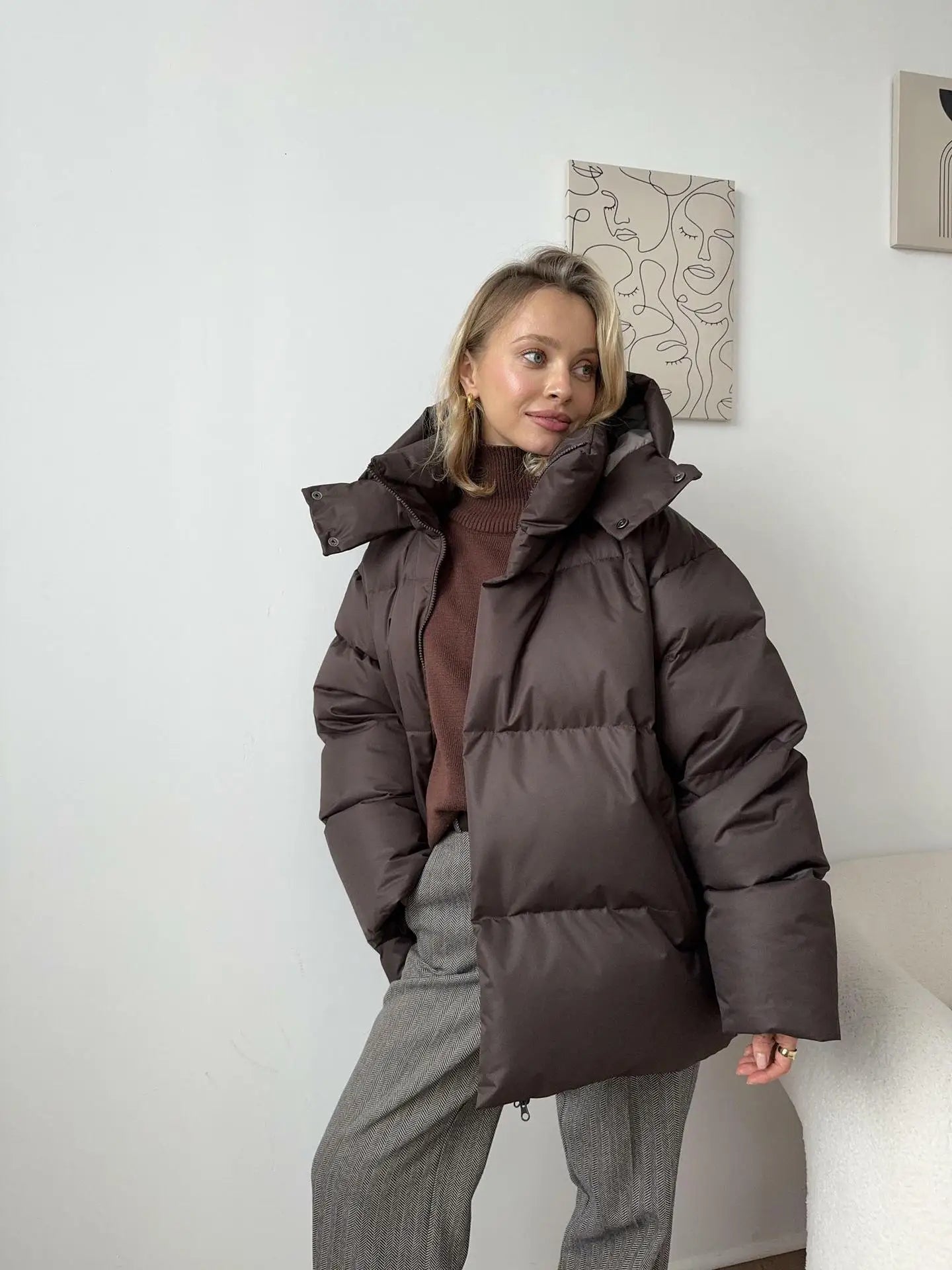 Women's beige hooded puffer jacket relaxed fit soft cotton filling cozy winter coat