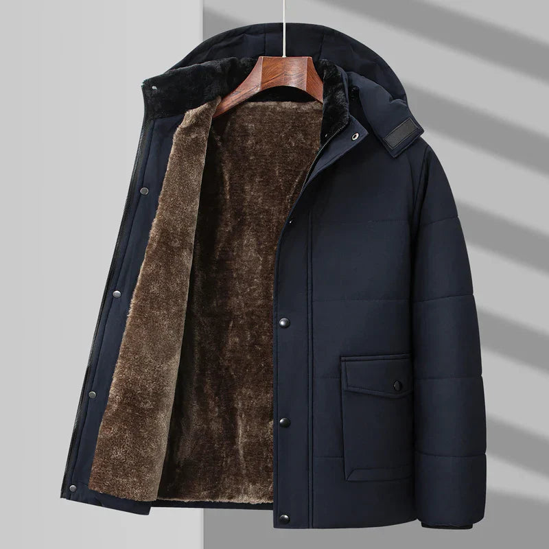 Men's black hooded puffer jacket with fur-lined hood, quilted insulation for winter warmth