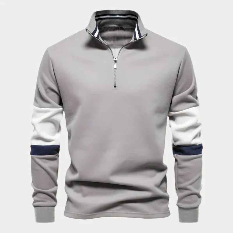 Men's navy ribbed sweater stand-up collar half-zip bold contrast stripes on sleeves modern city style